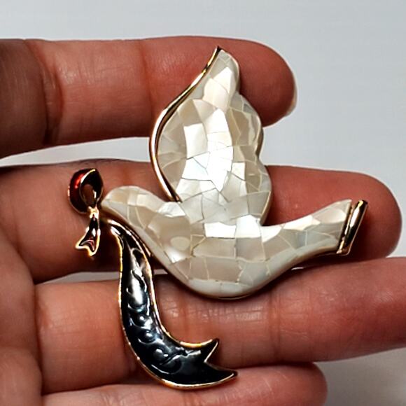 LC Liz Claiborne Mosaic Mother Of Pearl Dove Of Peace Bird Pin Brooch Vtg Signed - Picture 3 of 5